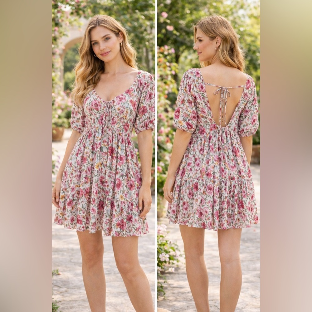 Floral Boho Mini Dress Open Back Tie Cottagecore Spring Summer Romantic